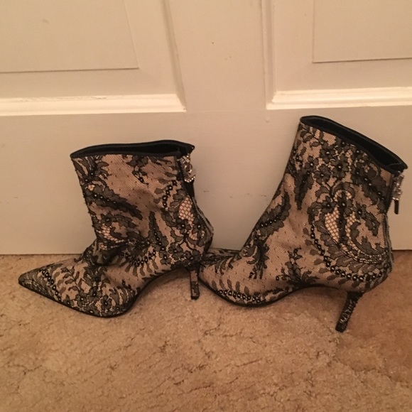 Versace Shoes - Vintage Versace Leather and Lace Heeled Booties